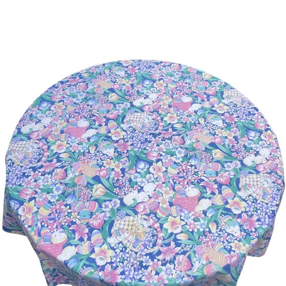 Fashion Industries Round Blue Cotton Tablecloth Easter Bunnies Eggs Floral Desig - Picture 2 of 4